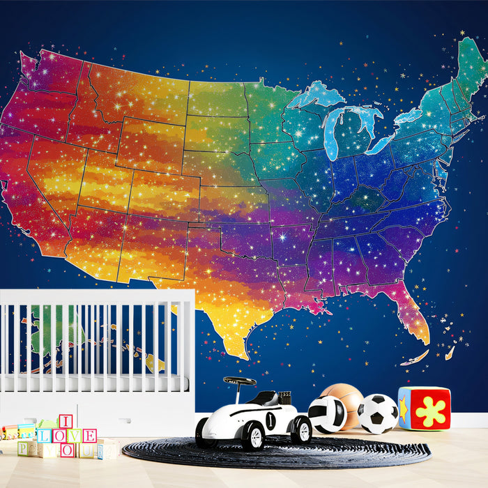 Rainbow Starburst USA Map Mural Wallpaper | Vibrant Colors, Glitter Effect, Patriotic Night Sky Theme