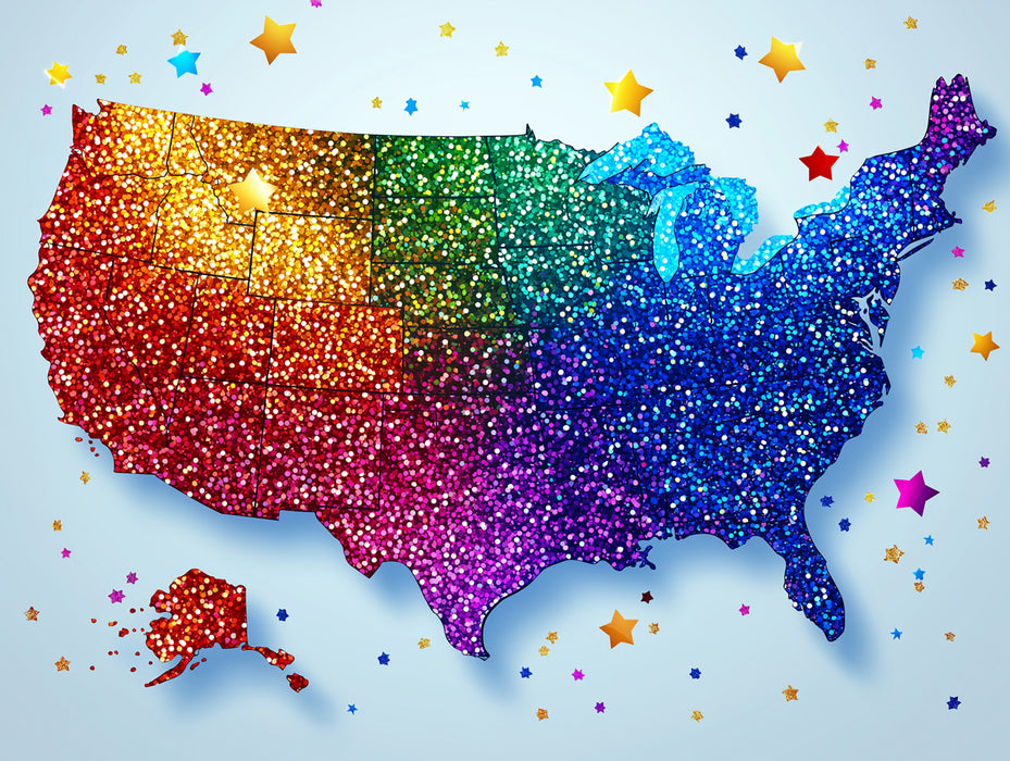 Glitter Rainbow USA Map Mural Wallpaper | High-Saturation Sparkle, Pop Art Texture, Festive Celebration