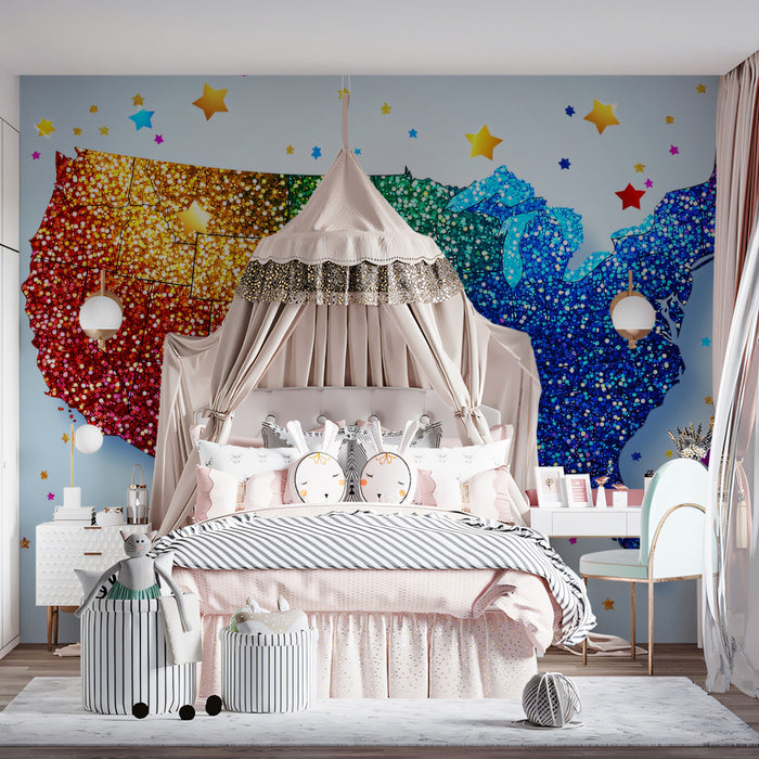 Glitter Rainbow USA Map Mural Wallpaper | High-Saturation Sparkle, Pop Art Texture, Festive Celebration