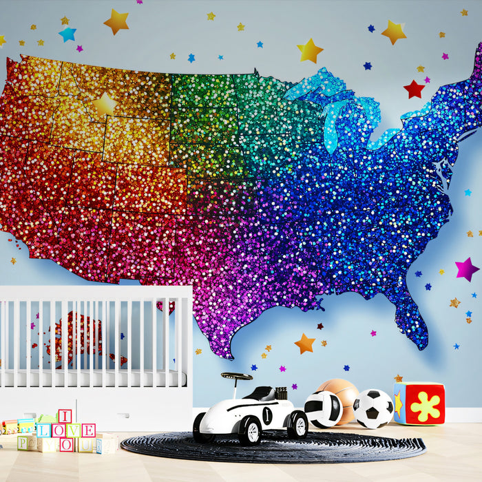 Glitter Rainbow USA Map Mural Wallpaper | High-Saturation Sparkle, Pop Art Texture, Festive Celebration