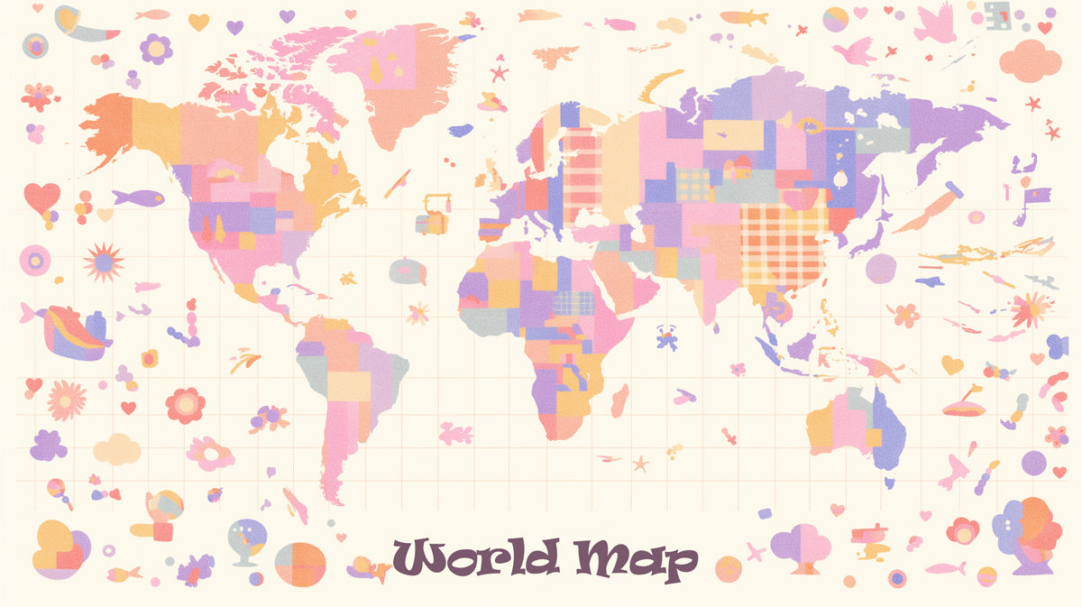 Pastel World Map Kids Mural Wallpaper | Whimsical Motifs, Soft Geometric Blocks, Educational Nursery Art