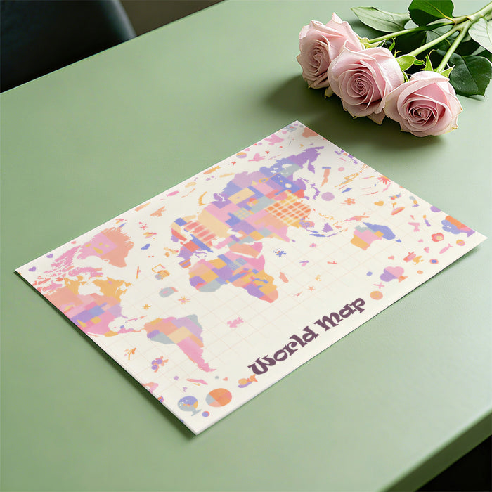 Pastel World Map Kids Mural Wallpaper | Whimsical Motifs, Soft Geometric Blocks, Educational Nursery Art