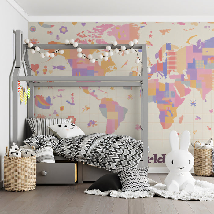 Pastel World Map Kids Mural Wallpaper | Whimsical Motifs, Soft Geometric Blocks, Educational Nursery Art