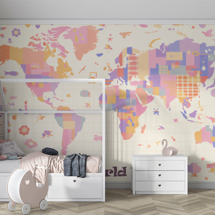 Pastel World Map Kids Mural Wallpaper | Whimsical Motifs, Soft Geometric Blocks, Educational Nursery Art