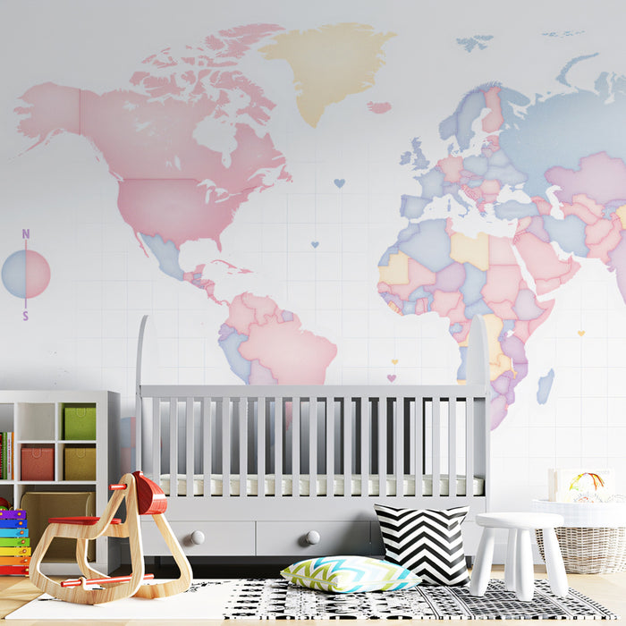Soft Pastel World Map Mural Wallpaper | Minimalist Cartography, Geometric Hues, Tranquil Global Theme