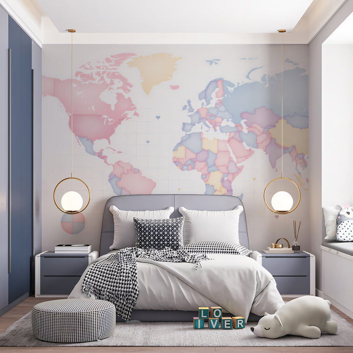 Soft Pastel World Map Mural Wallpaper | Minimalist Cartography, Geometric Hues, Tranquil Global Theme