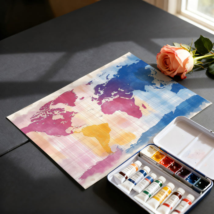 Abstract Watercolor World Map Mural Wallpaper | Expressionist Art, Bold Pink and Blue, High Texture