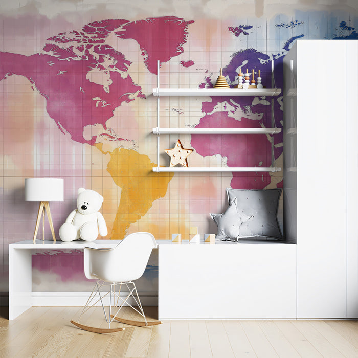 Abstract Watercolor World Map Mural Wallpaper | Expressionist Art, Bold Pink and Blue, High Texture