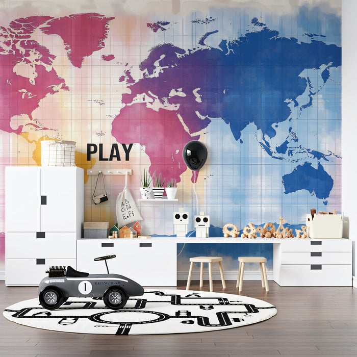 Abstract Watercolor World Map Mural Wallpaper | Expressionist Art, Bold Pink and Blue, High Texture