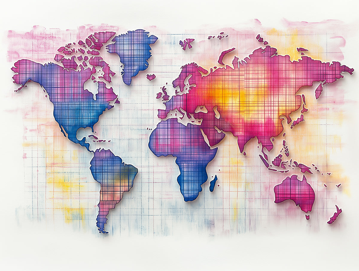 Neon Contoured World Map Mural Wallpaper | High Contrast, Sketch Lines, Pink and Blue Glow