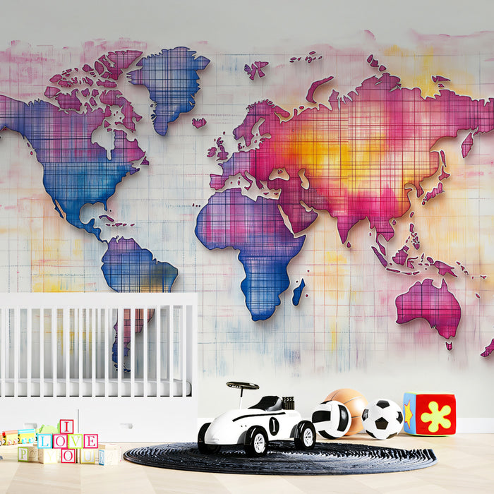 Neon Contoured World Map Mural Wallpaper | High Contrast, Sketch Lines, Pink and Blue Glow