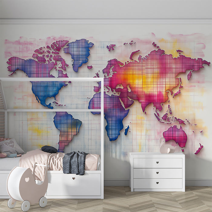 Neon Contoured World Map Mural Wallpaper | High Contrast, Sketch Lines, Pink and Blue Glow