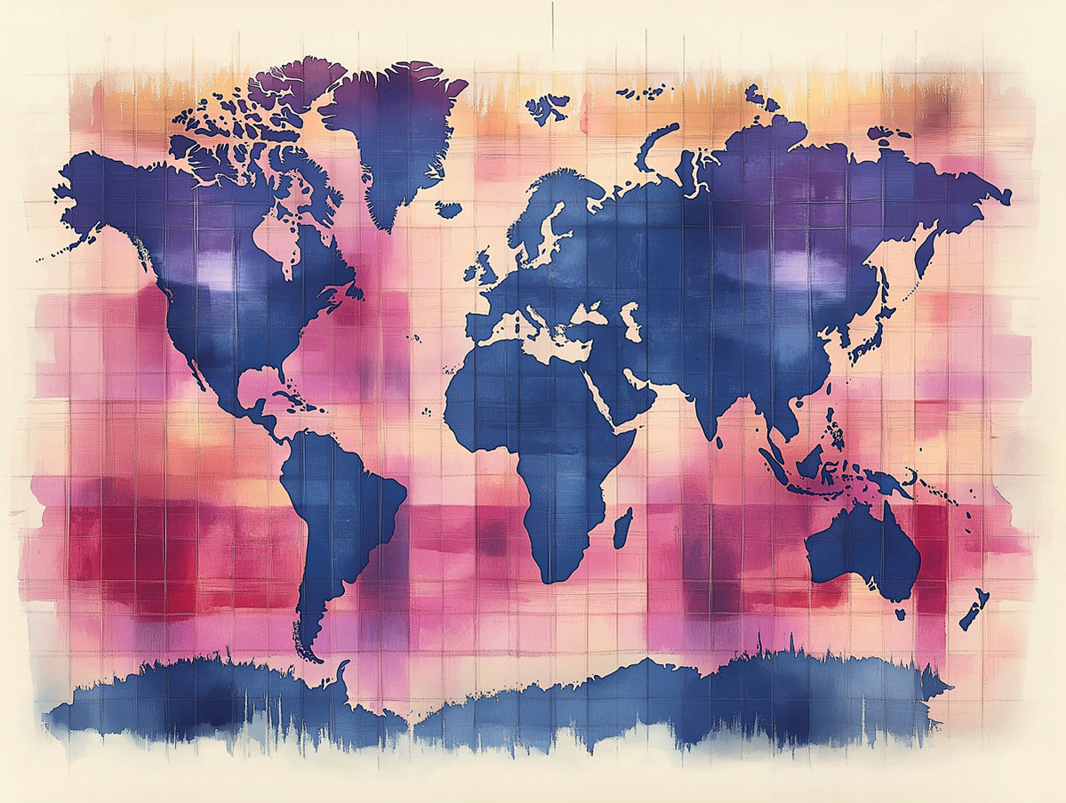 Indigo Watercolor World Map Mural Wallpaper | Expressionist Grid, Pink ...