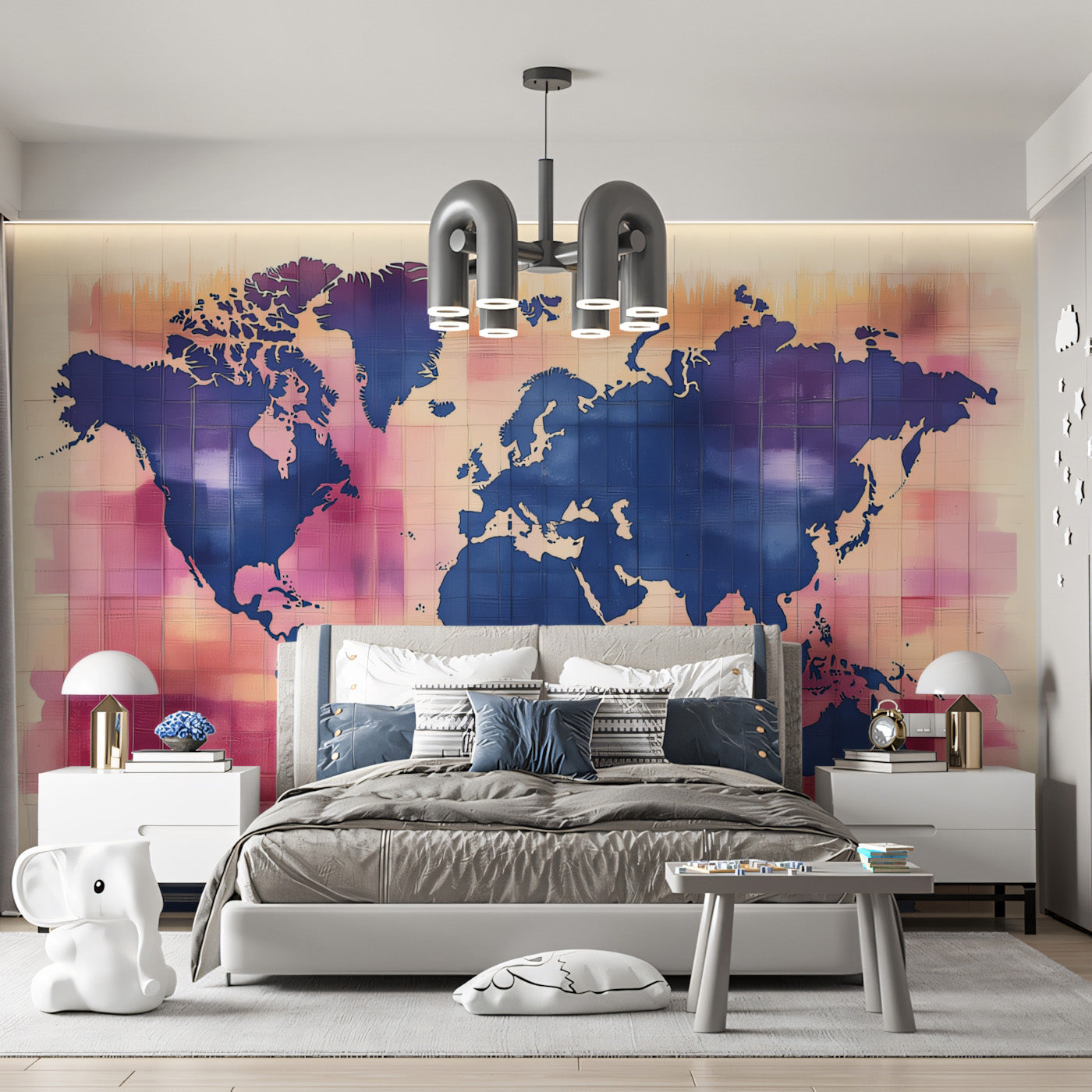 Indigo Watercolor World Map Mural Wallpaper | Expressionist Grid, Pink ...
