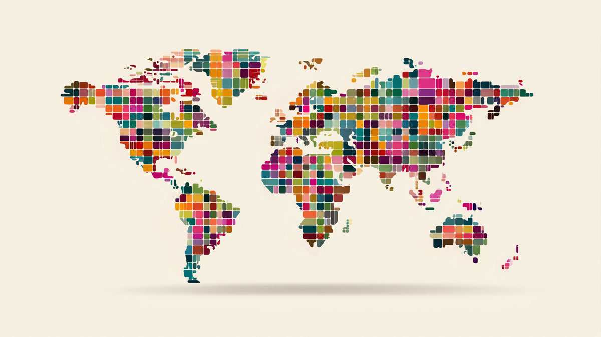 Pixel Block World Map Mural Wallpaper | Repeating Print, Multicolor Geometric Grid, Abstract Cartography