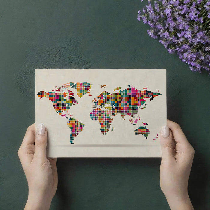 Pixel Block World Map Mural Wallpaper | Repeating Print, Multicolor Geometric Grid, Abstract Cartography