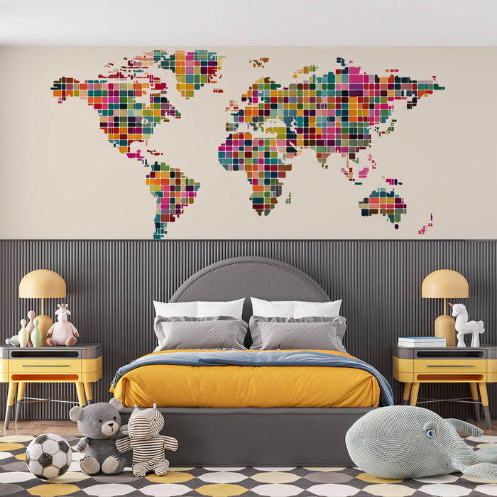 Pixel Block World Map Mural Wallpaper | Repeating Print, Multicolor Geometric Grid, Abstract Cartography
