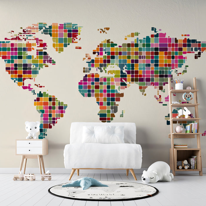 Pixel Block World Map Mural Wallpaper | Repeating Print, Multicolor Geometric Grid, Abstract Cartography