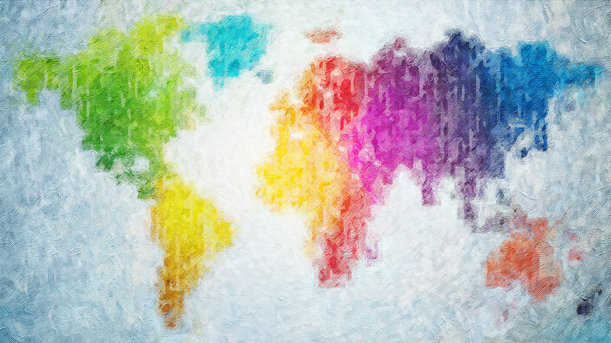 Impressionist Rainbow World Map Mural Wallpaper | Oil Painting Texture, High Energy, Vivid Color Blocks