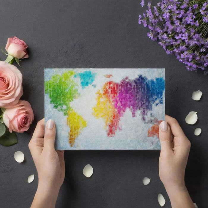 Impressionist Rainbow World Map Mural Wallpaper | Oil Painting Texture, High Energy, Vivid Color Blocks