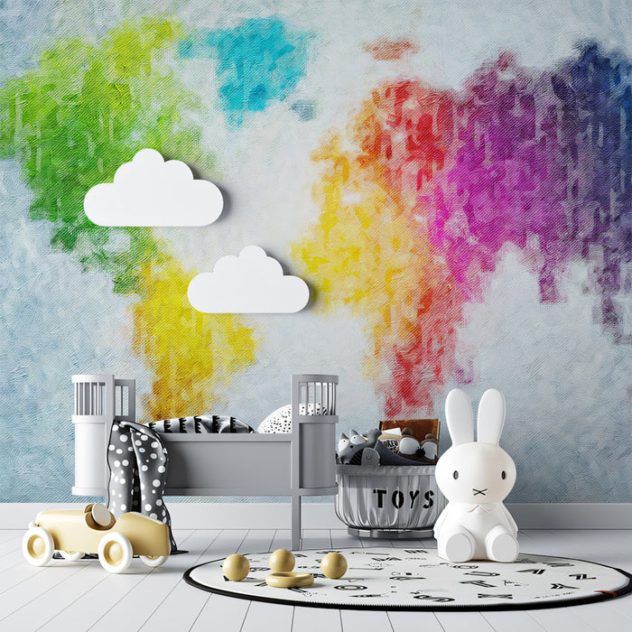 Impressionist Rainbow World Map Mural Wallpaper | Oil Painting Texture, High Energy, Vivid Color Blocks