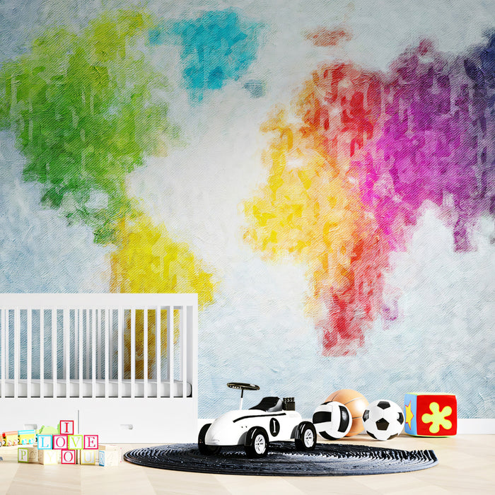 Impressionist Rainbow World Map Mural Wallpaper | Oil Painting Texture, High Energy, Vivid Color Blocks