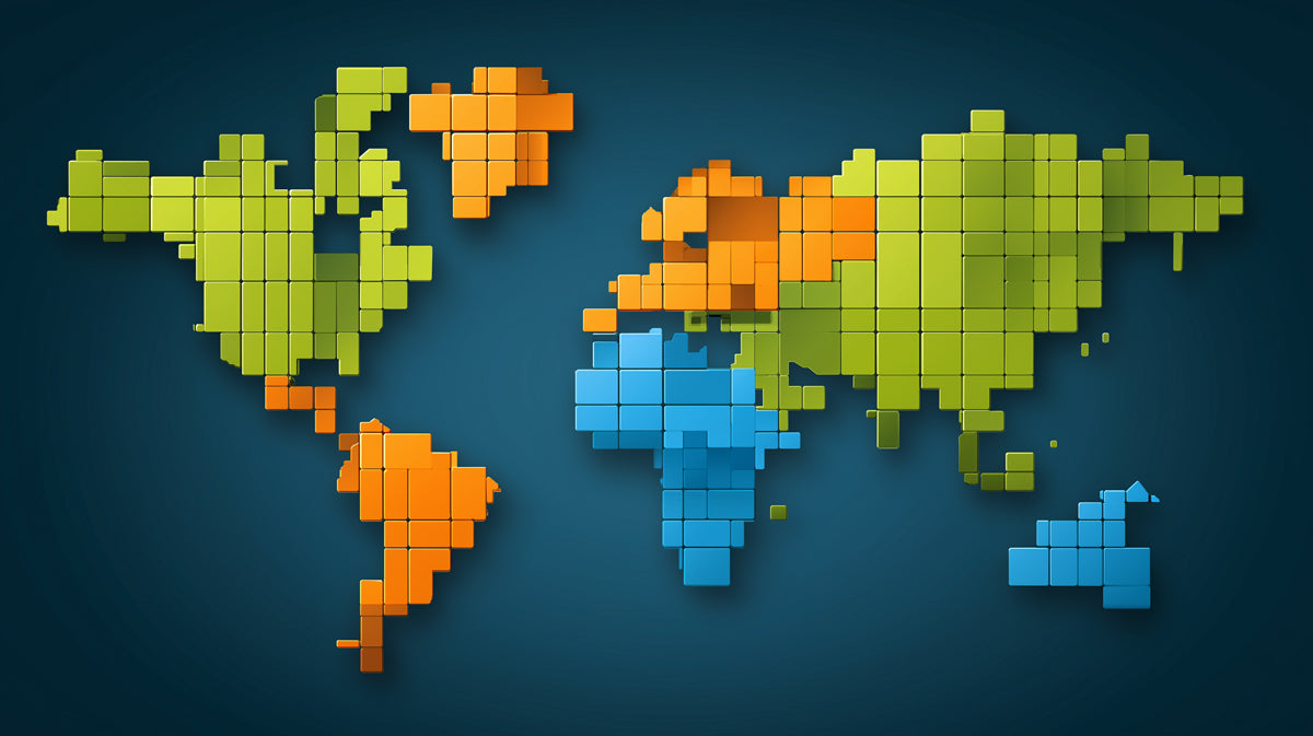 3D Pixel Block World Map Mural Wallpaper | Geometric Relief, Segmented Colors, Tech Global Theme