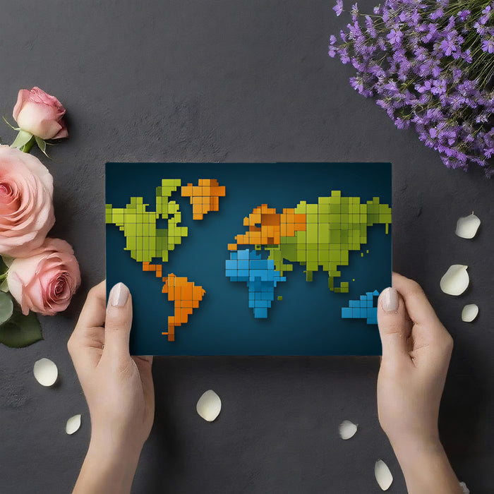 3D Pixel Block World Map Mural Wallpaper | Geometric Relief, Segmented Colors, Tech Global Theme