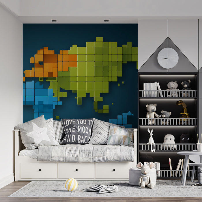 3D Pixel Block World Map Mural Wallpaper | Geometric Relief, Segmented Colors, Tech Global Theme