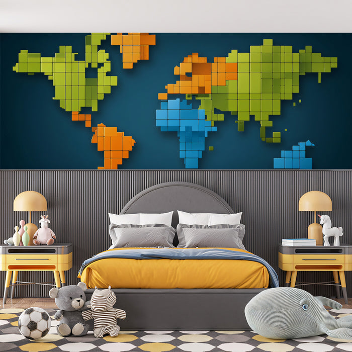 3D Pixel Block World Map Mural Wallpaper | Geometric Relief, Segmented Colors, Tech Global Theme