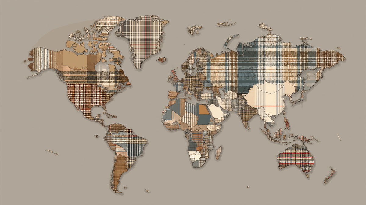 Plaid Patchwork World Map Mural Wallpaper | Repeating Print, Earth Tones, Textile Geometric Cartography