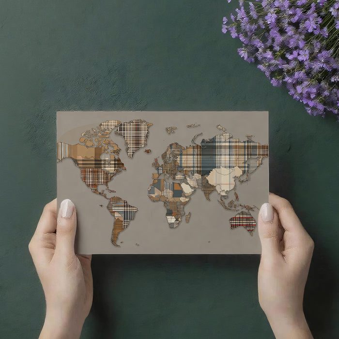 Plaid Patchwork World Map Mural Wallpaper | Repeating Print, Earth Tones, Textile Geometric Cartography