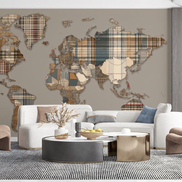 Plaid Patchwork World Map Mural Wallpaper | Repeating Print, Earth Tones, Textile Geometric Cartography