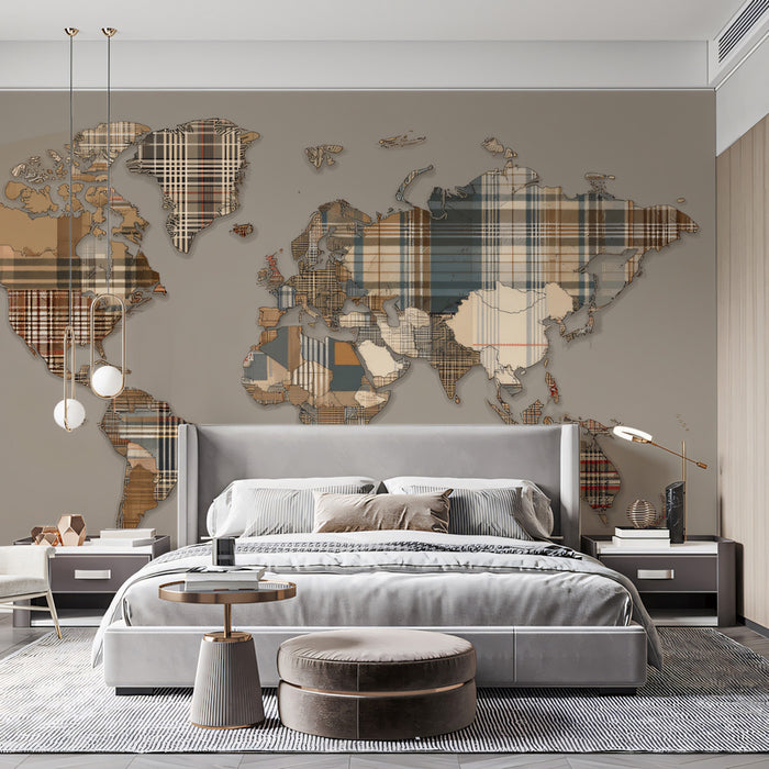 Plaid Patchwork World Map Mural Wallpaper | Repeating Print, Earth Tones, Textile Geometric Cartography