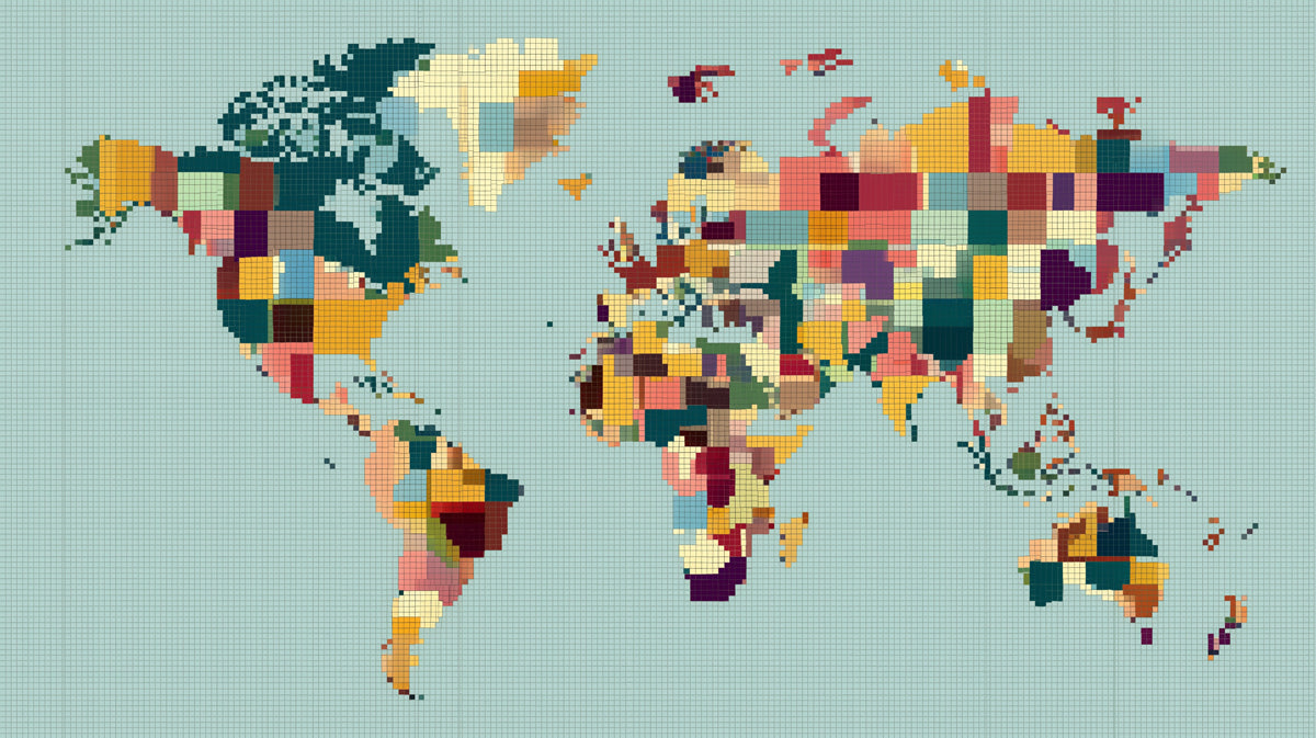 Pixelated Map Color Block Mural Wallpaper | Repeating Print, Retro Digital Art, Muted Earth Tones