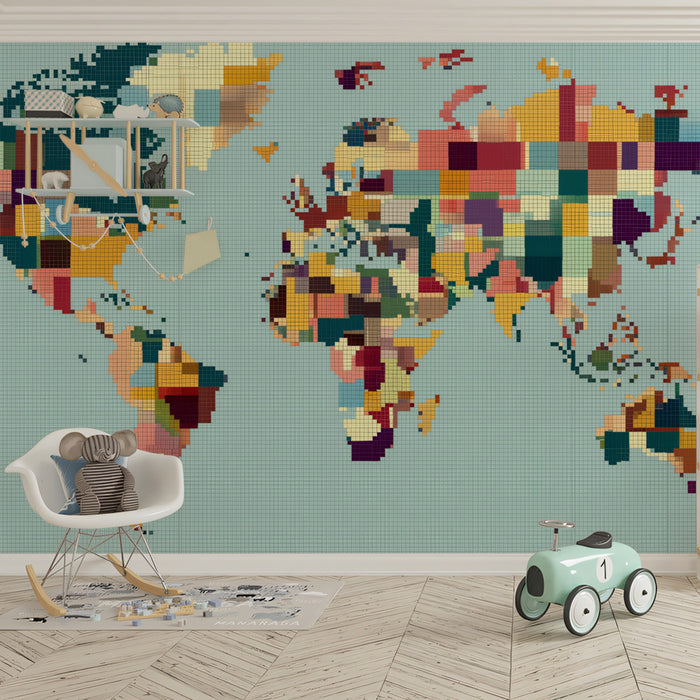 Pixelated Map Color Block Mural Wallpaper | Repeating Print, Retro Digital Art, Muted Earth Tones