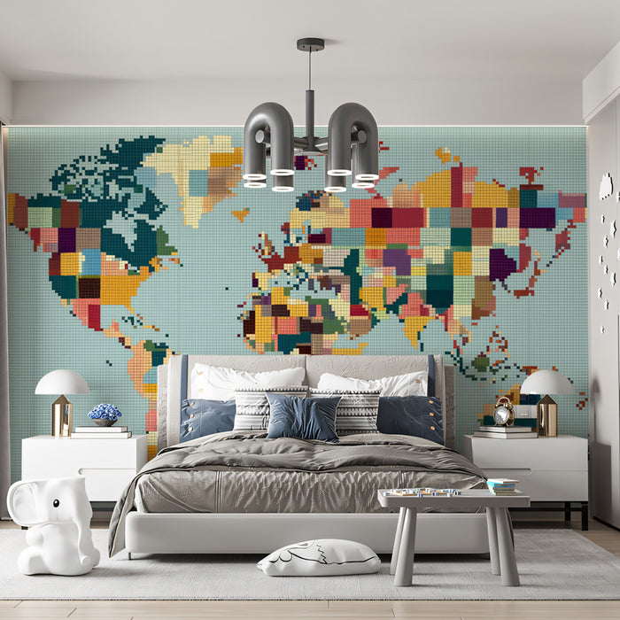Pixelated Map Color Block Mural Wallpaper | Repeating Print, Retro Digital Art, Muted Earth Tones