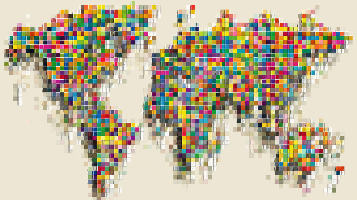 High-Energy Pixel Map Mural Wallpaper | Repeating Print, Multicolor Grid, Abstract Global Chaos