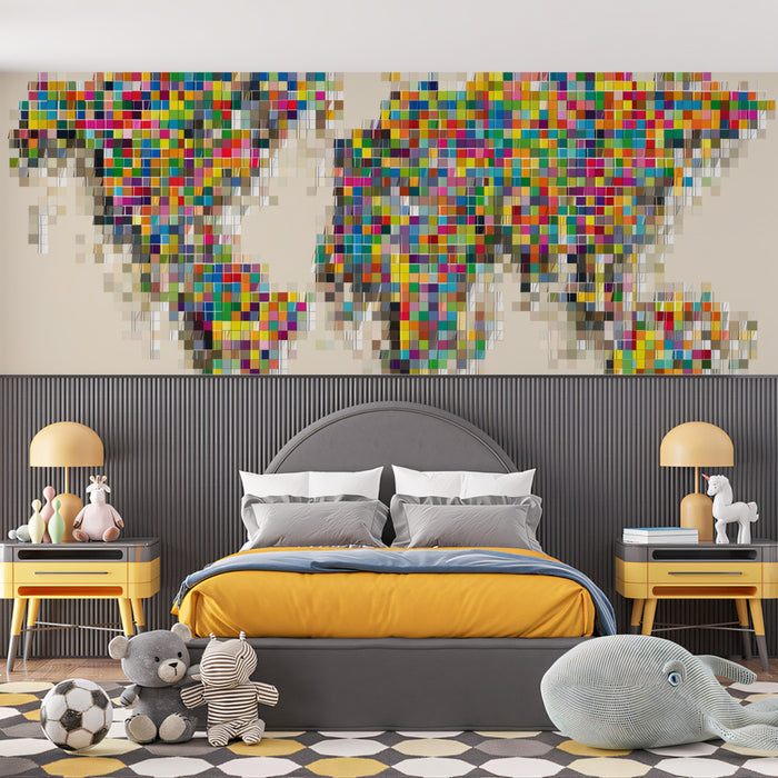 High-Energy Pixel Map Mural Wallpaper | Repeating Print, Multicolor Grid, Abstract Global Chaos