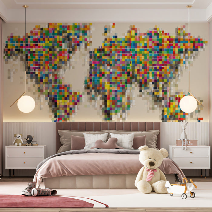 High-Energy Pixel Map Mural Wallpaper | Repeating Print, Multicolor Grid, Abstract Global Chaos