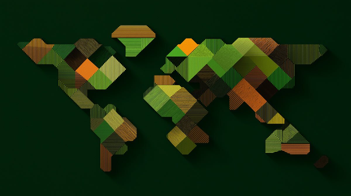Geometric Green Abstract World Map Mural Wallpaper | Dark Tones, Striped Block Relief, Contemporary Cartography