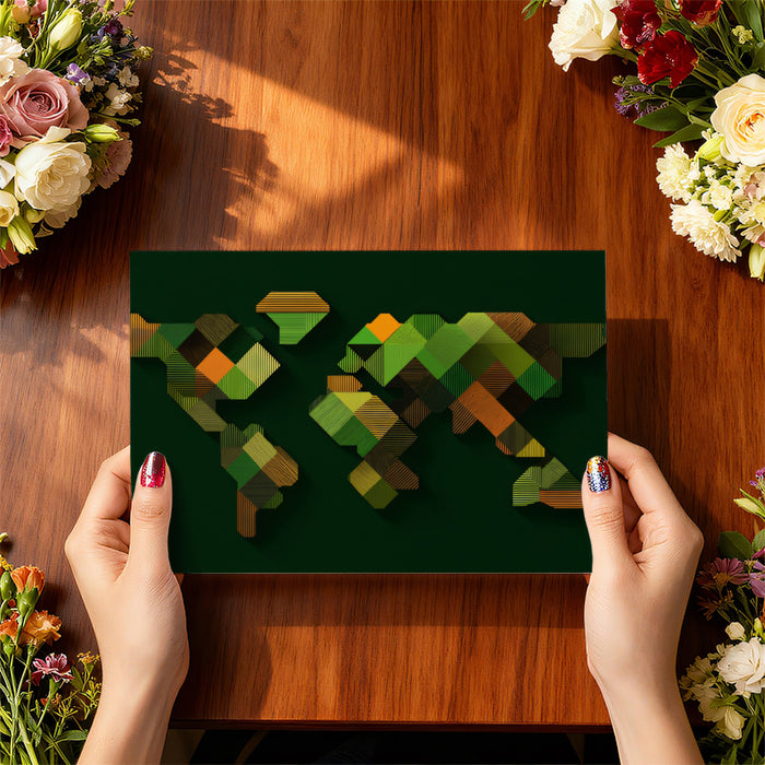 Geometric Green Abstract World Map Mural Wallpaper | Dark Tones, Striped Block Relief, Contemporary Cartography