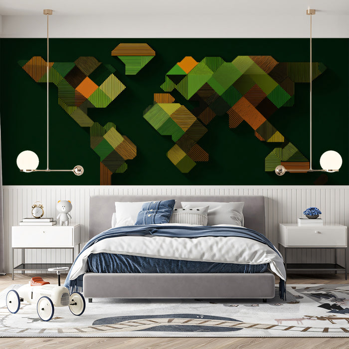 Geometric Green Abstract World Map Mural Wallpaper | Dark Tones, Striped Block Relief, Contemporary Cartography