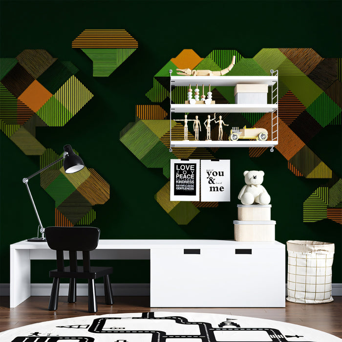 Geometric Green Abstract World Map Mural Wallpaper | Dark Tones, Striped Block Relief, Contemporary Cartography