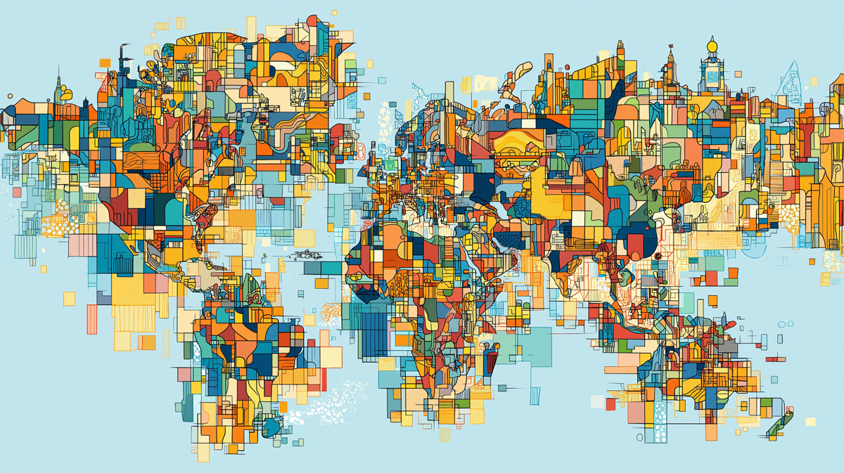 Abstract City Collage World Map Mural Wallpaper | Neon Colors, Complex Geometric Lines, Urban Global Theme