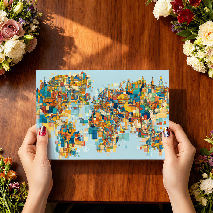 Abstract City Collage World Map Mural Wallpaper | Neon Colors, Complex Geometric Lines, Urban Global Theme