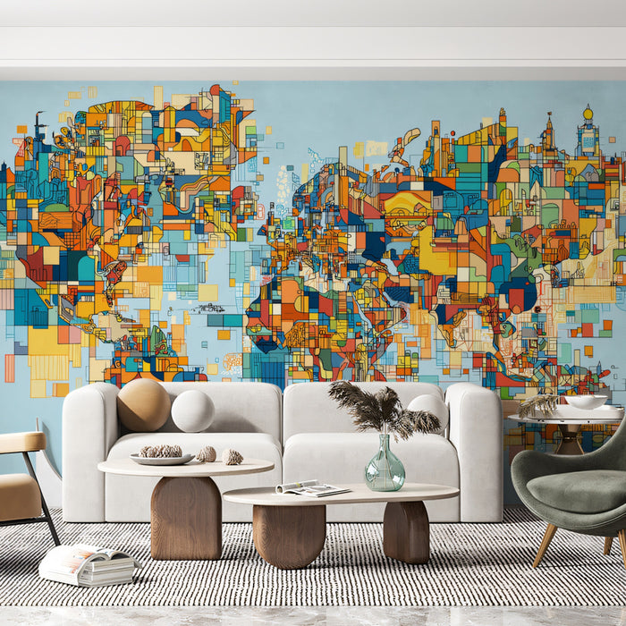 Abstract City Collage World Map Mural Wallpaper | Neon Colors, Complex Geometric Lines, Urban Global Theme