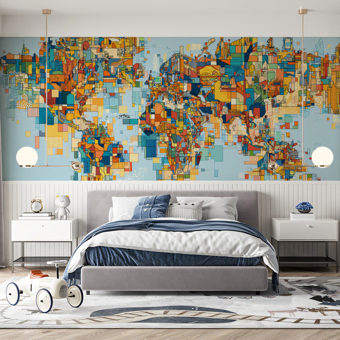 Abstract City Collage World Map Mural Wallpaper | Neon Colors, Complex Geometric Lines, Urban Global Theme