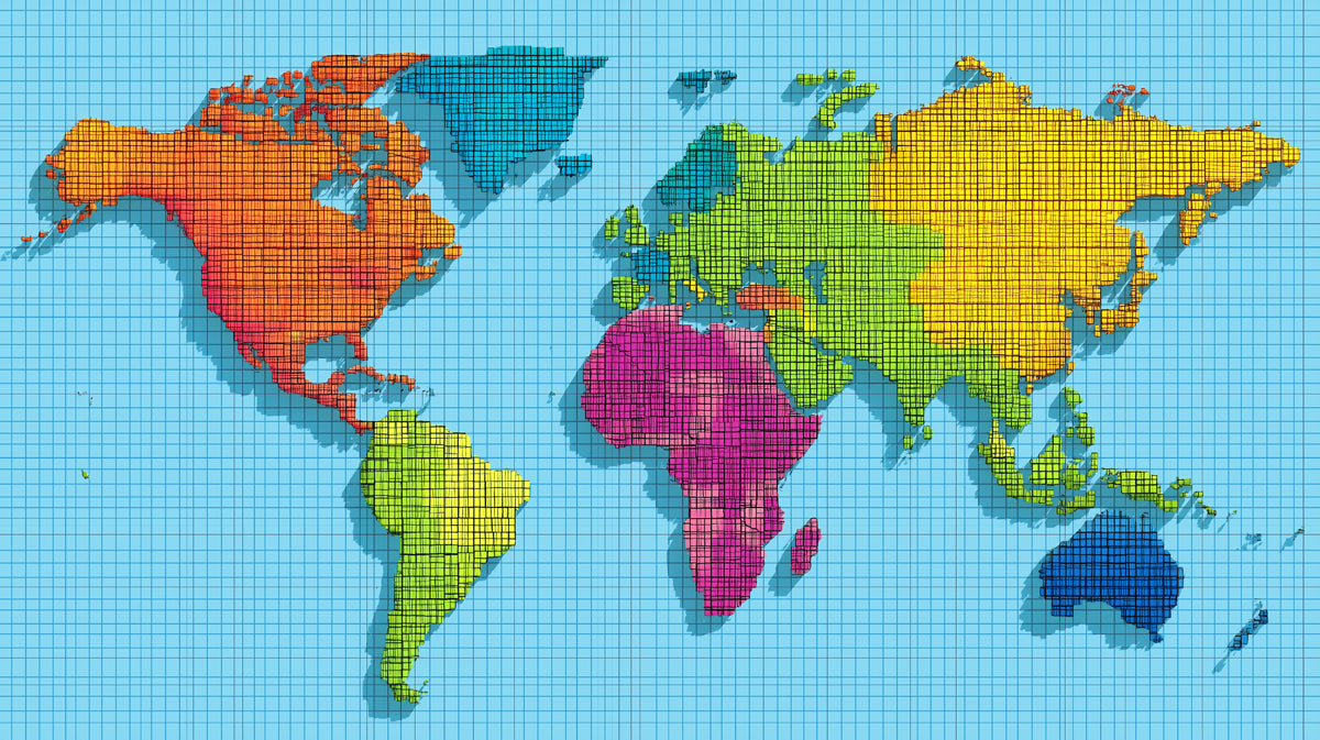 Neon Geo-Relief World Map Mural Wallpaper | Mesh Texture, Bright Rainbow Colors, Dynamic 3D Effect