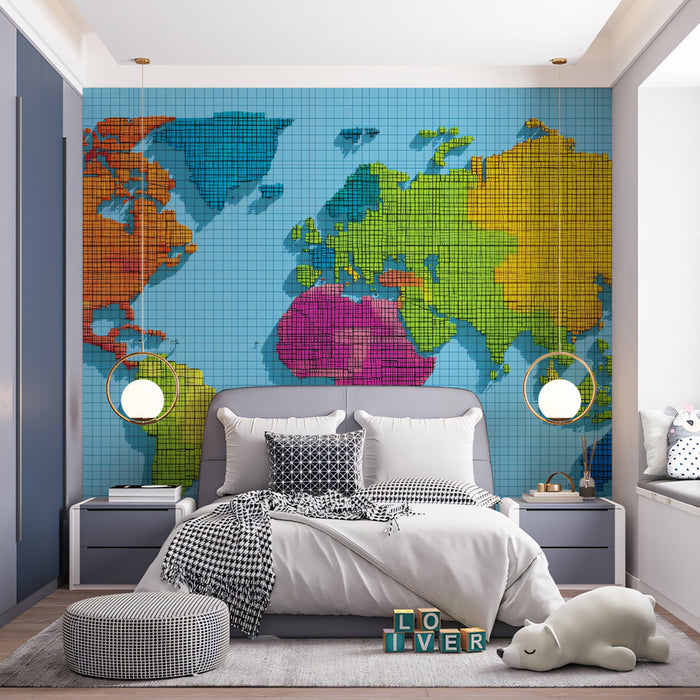 Neon Geo-Relief World Map Mural Wallpaper | Mesh Texture, Bright Rainbow Colors, Dynamic 3D Effect